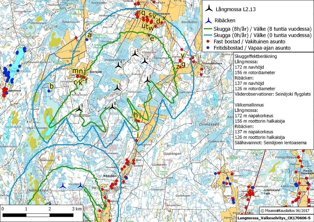 Sida 11 av 13 Bild 5. Skuggeffekter i Långmossa vindkraftsområde, då också de planerade turbinerna i Ribäcken har beaktats.