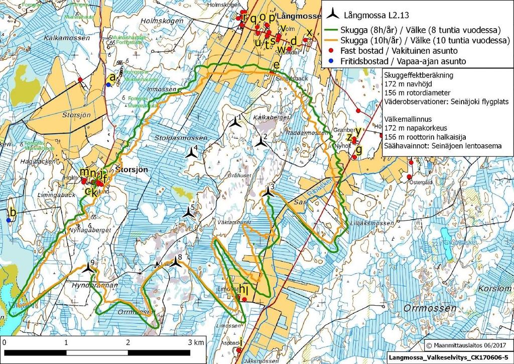 Sida 7 av 13 4.1 Skuggeffekter i Långmossa Resultaten av beräkningarna presenteras här grafiskt och sedan förklaras resultatet skriftligt i detalj. Bild 2. Skuggeffekter i Långmossa vindkraftsområde.