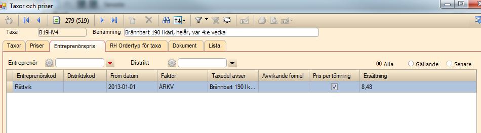 taxebenämning som kan skrivas ut på hämtschemat.