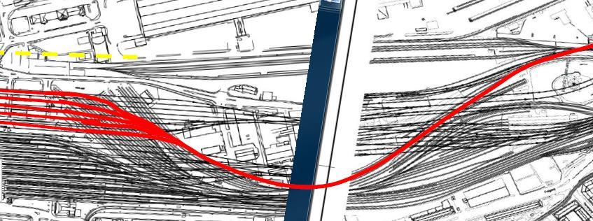 För dragningen vidare västerut föreslås att dra så långt söderut som möjligt för att minimera intrånget i Gullbergsvass: Fig: Ny dragning för Förstärkningsalt/kort smitväg.