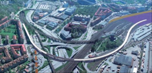 Fig: Nordlig viadukt vid Skansen Lejonet /12/ Som synes förutsätter viadukten att det västra kvarteret vid Gubbero rivs och att Godstågsviadukten byggs om.