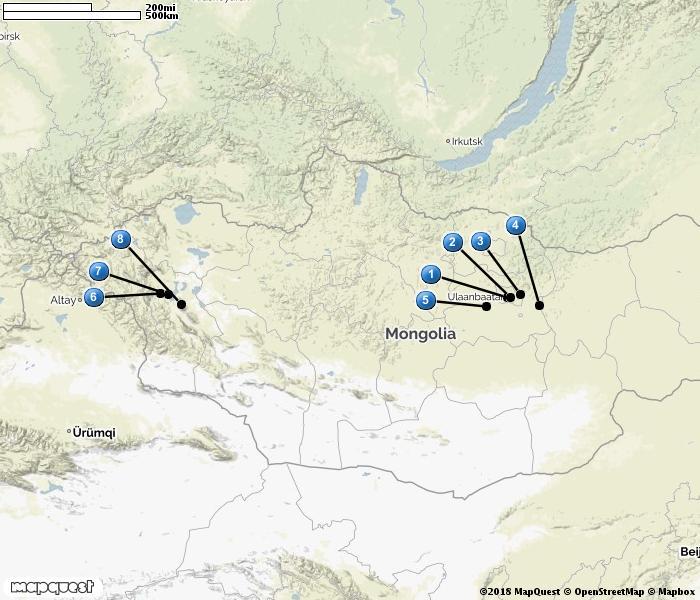 1. Ulaanbator 2. Tuul river 3. Terelj national park 4. Gun Galuut 5. Khustai NP 6. Khovd 7. Khar us Nuur 8.