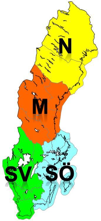 Rapporten innehåller en regional analys, figur 1b, där Sverige har delats in i fyra regioner med olika skyfallsstatistik: sydvästra (SV), sydöstra (SÖ), mellersta (M) och norra (N) Sverige.