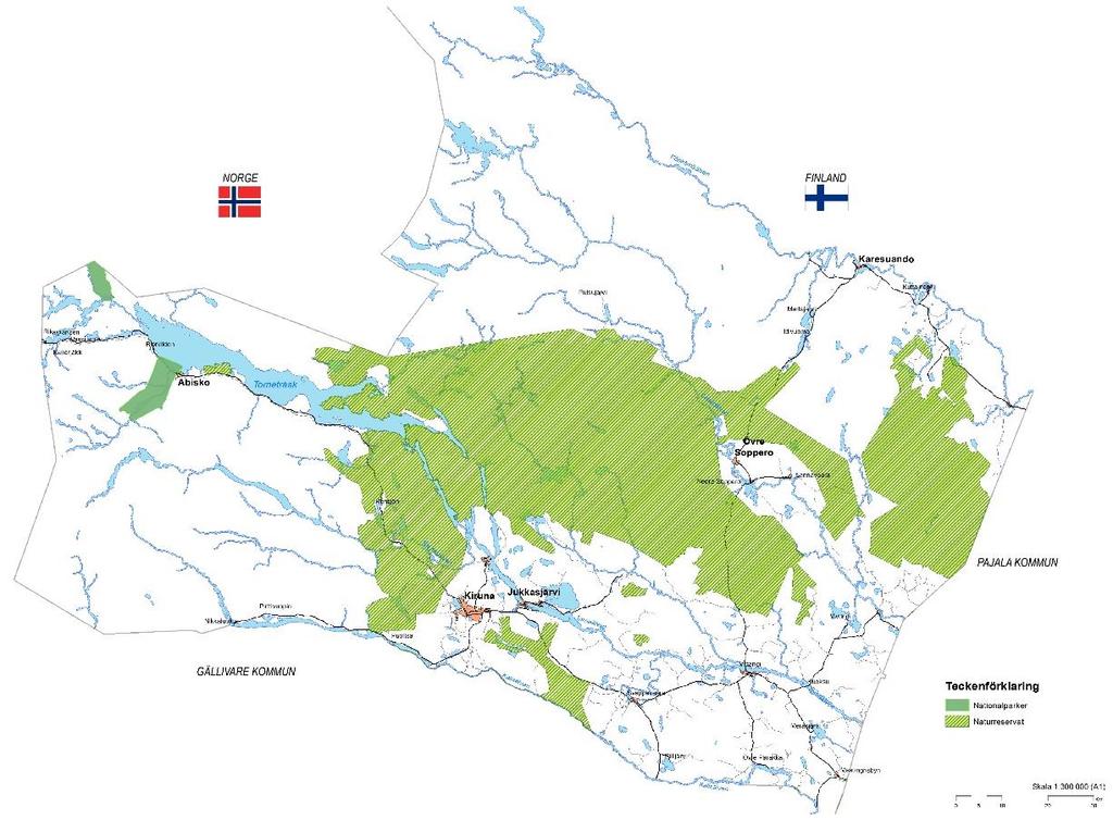 13 Nationalparker och naturreservat inom Kiruna kommun. Natura 2000-områden är utpekade enligt två EU-direktiv, art- och habitatdirektivet och fågeldirektivet.