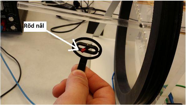 Fig 2. Visar kopplingsschema över experimentutförandet, både för hall-proben och spolen. Bild 1. Visar experiment utförande då riktningsvisare används för att ta reda magnetfältets riktning 2 6.