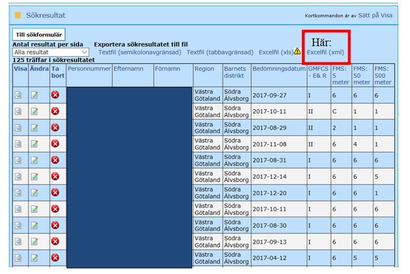 9. Nu ska du exportera sökresultatet till Excelfil, klicka på alternativet längst till höger i det blå
