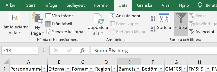 ex. med Ctrl+S). 15. Nu är det dags att börja arbeta med variablerna. När du skall sortera data finns det flera vägar att gå. Börja alltid med att markera hela bladet.