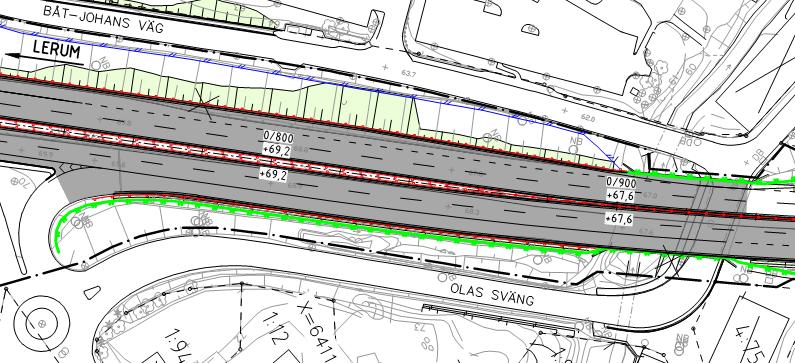 Föreslagna åtgärder En 3,5 m hög föreslås på östra sidan av E20 längst påfarten norrgående. Skärmen sträcker sig från rondellen vid Olas sväng hela vägen fram till bron, se Figur 6.