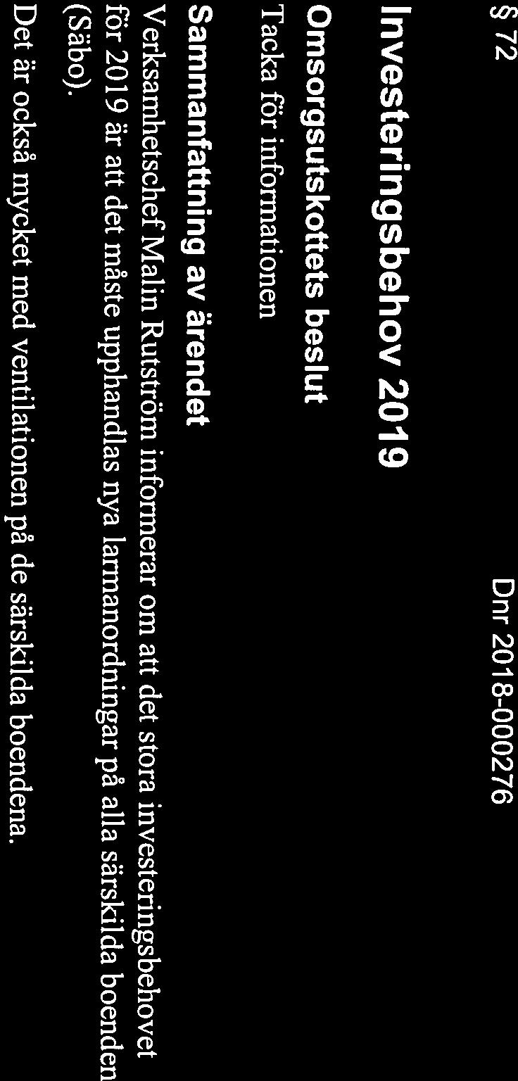 Tacka för inforniationen s beslut Investeringsbehov 2019 NORDANSTIGS 2018-10-03 72 Dnr 201 8-000276 Det är också mycket med ventilationen på de särskilda boendena.