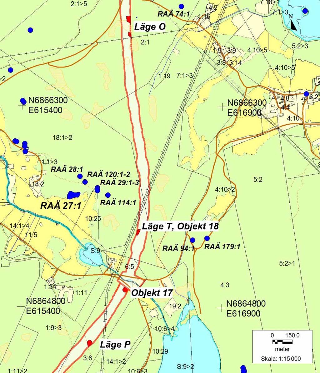 Figur 2. Digitala fastighetskartan med platserna för de arkeologiska åtgärderna rödmarkerade.