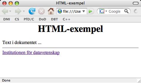 HTML-exempel <html> <head> <title>html-exempel</title> </head> <body> <h1><center> HTML-exempel </center></h1> Text i dokumentet.