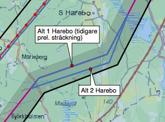 8 ALTERNATIV 1 OCH 2 HAREBO Nedanstående beskrivningar och bedömningar för alternativ 1 och 2 Harebo har gjorts mellan den punkt där alternativ 1 och 2 går isär, vid Harebosjön, samt punkten där de