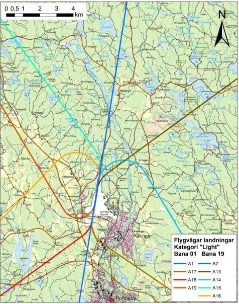 Figur 8 Framtagna flygvägar utifrån flygvägsuppföljningen och täthetsplottar för landningar kategorin Light. Underlaget avser perioden 20