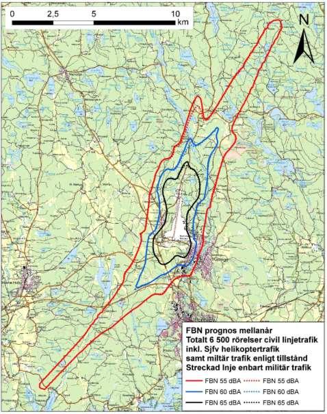 Figur 11 Resultat av beräkning FBN, 55, 60 och 65 dba för militär och med