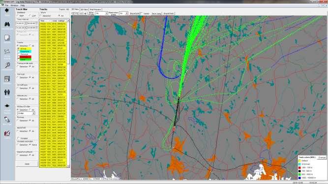 Figur 2 Utdrag från flygvägsuppföljningssystemet som används vid flygplatsen. Exempel civila landningar februari 2014. 2.2 Framtagning av flygvägar Flygspår för perioden 2010 till 2015 har bearbetats i form av täthetsplottar.