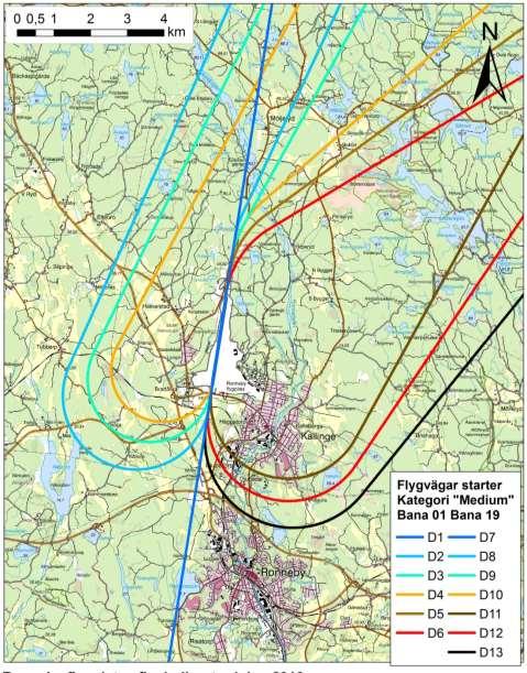 Ovanstående framtagna flygvägar redovisas nedan på kartor för start respektive landning.