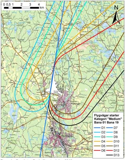 Ovanstående framtagna flygvägar redovisas nedan på kartor för start respektive landning.