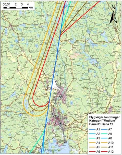 Figur 6 Framtagna flygvägar utifrån flygvägsuppföljningen och täthetsplottar för landningar