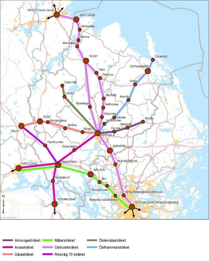 Kartan visar vilka stråk i Uppsala län som är prioriterade för