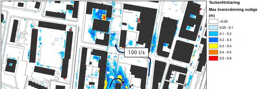 3 RESULTAT I utredningen jämförs översvämningsytor och flödesvägar före och efter exploatering. Se avsnitt 3.1 för skyfallskartering före och efter exploatering. I avsnitt 3.