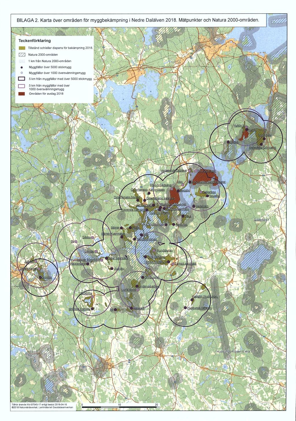BILAGA 2. Karta över områden för myggbekämpning i Nedre Dalälven 2018. Mätpunkter och Natura 2000-områden. Teckenförklaring "" Tillsiand och/eller dispens for bekämpning 2018.