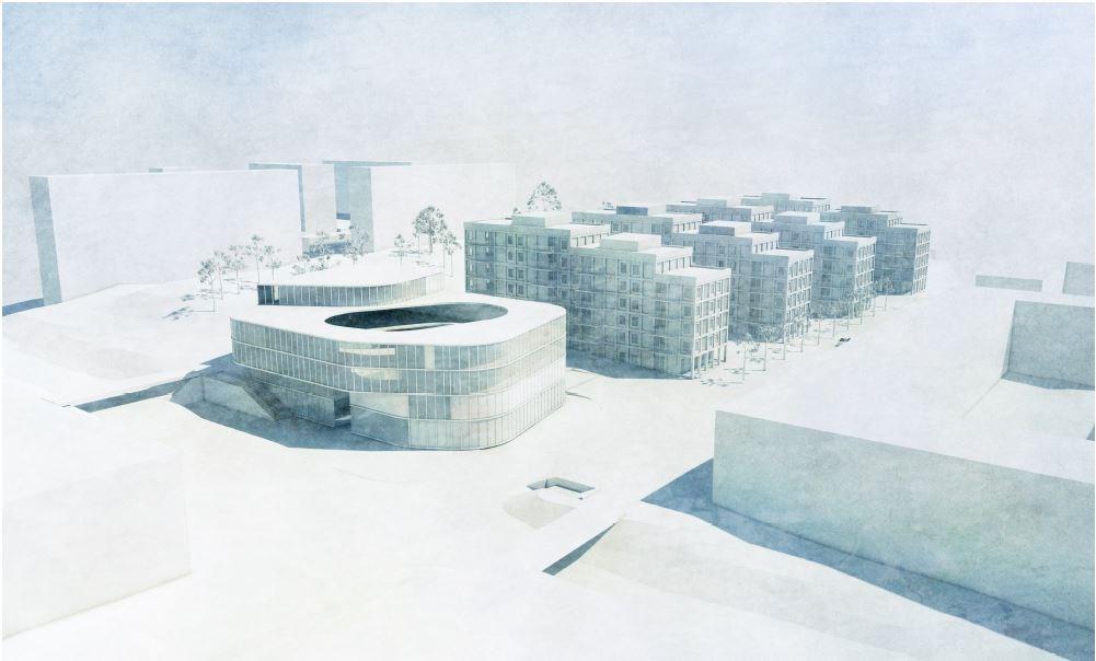 Visionsbild, kontorshuset till vänster, bostadshusen till höger.