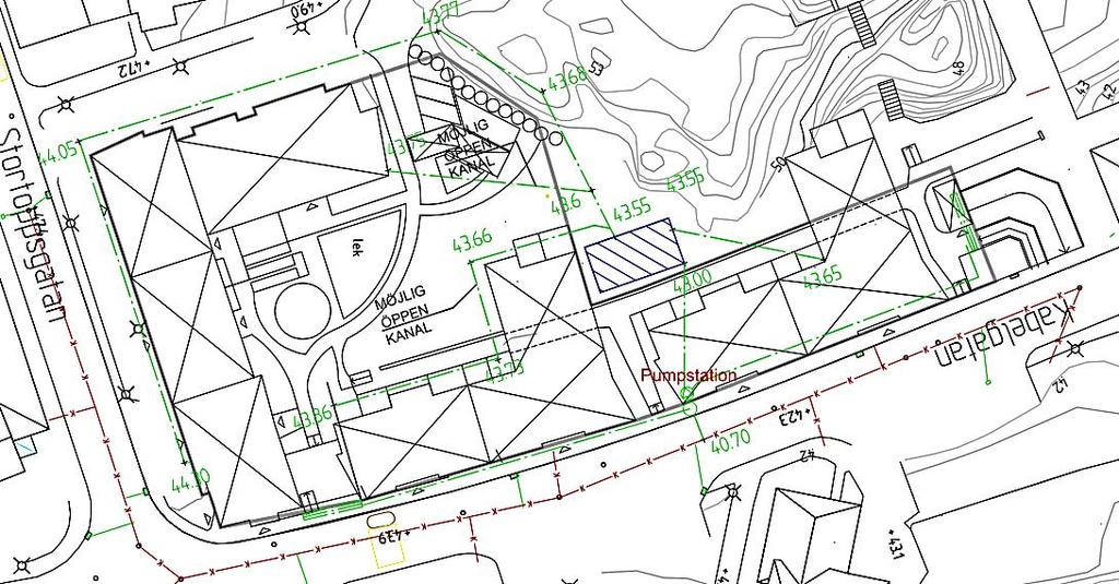 3.2 Struktur/princip II Skiss på dagvattenhantering inom Stortoppsgatan/Kabelgatan visas i Figur 6. Norra rampen Södra rampen Figur 6. Skiss på dagvattenhantering inom planområdet.