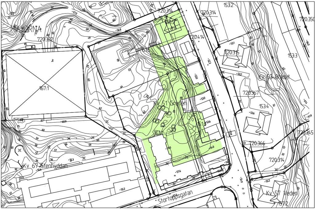 Figur 3. Illustration över planområdet Stortoppsgatan/Kabelgatan där planområdet är markerat med grönt med vita öar som illustrerar planerade byggnader, Tengbom 2013-04-25 2.