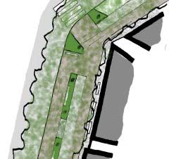 Möbleringszonen närmast husfasaderna erbjuder sittplatser för människor och skyltläge för