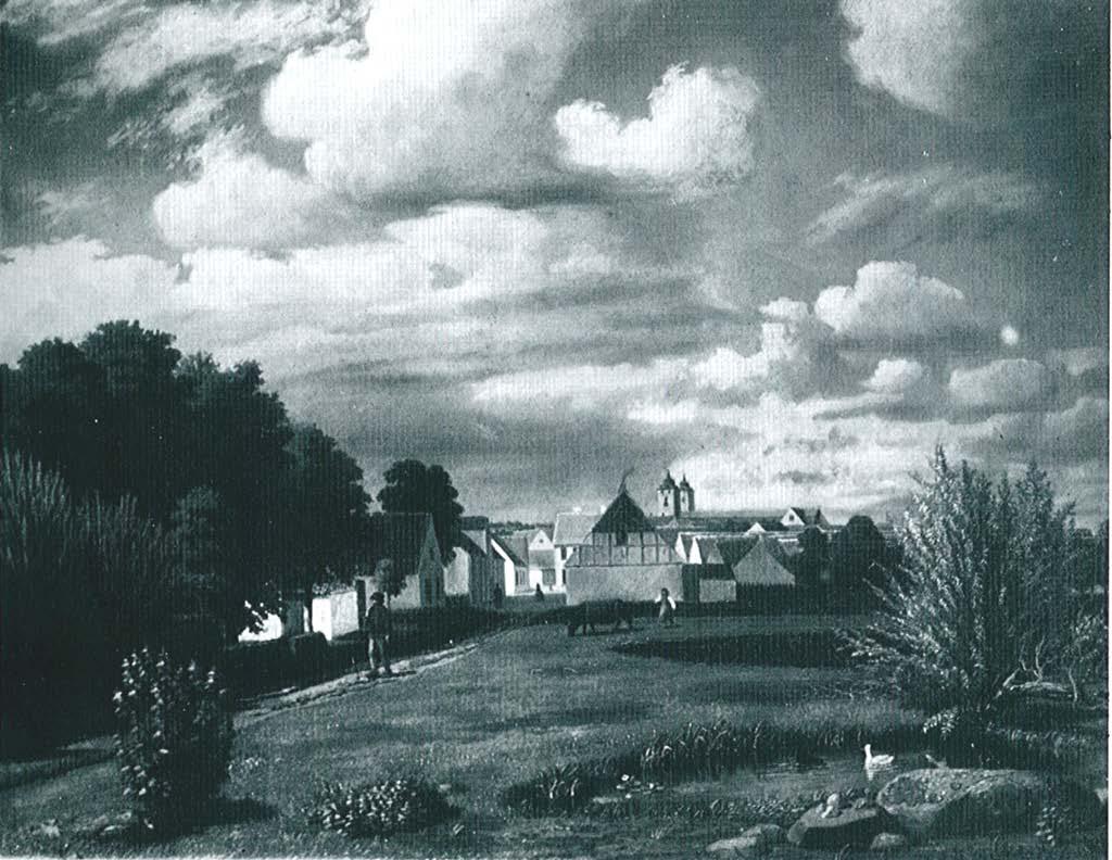 Figur 2. Jöns Elo Rydbeck: Prennegatan. Oljemålning 1864. Målning över Ripas äng i förgrunden, den gräsbevuxna Prennegatan till vänster och huset i korsvirke, centralt i målningen, på Prennegatan 11.