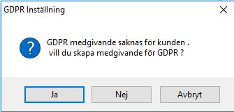 GDPR Kund sökfönster När man försöker skapa ett nytt kort på en befintlig kund som saknar medgivande visas meddelande om att