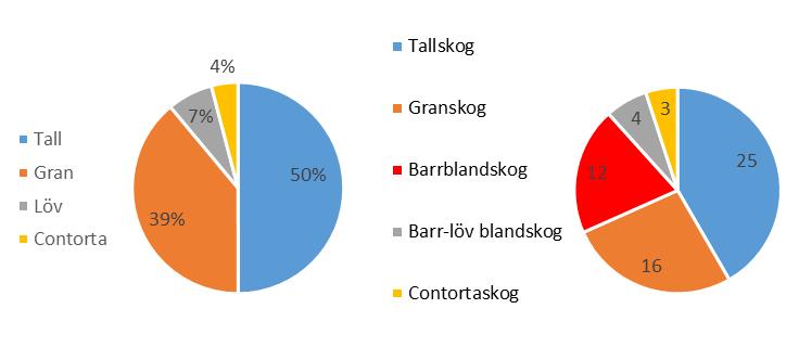 Bestånden efter gallring dominerades av tall och gran och de två trädslagen utgjorde tillsammans 89 % av den totala volymen på samtliga provytor (Figur 3).
