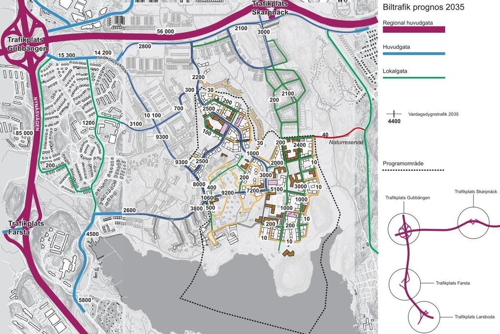 RAPPORT 16250 C 10 (10) Trafikprognos för år 2035. Hastighet och normal andel tung trafik på det lokala vägnätet 40 km/h respektive lägre än 8 %.