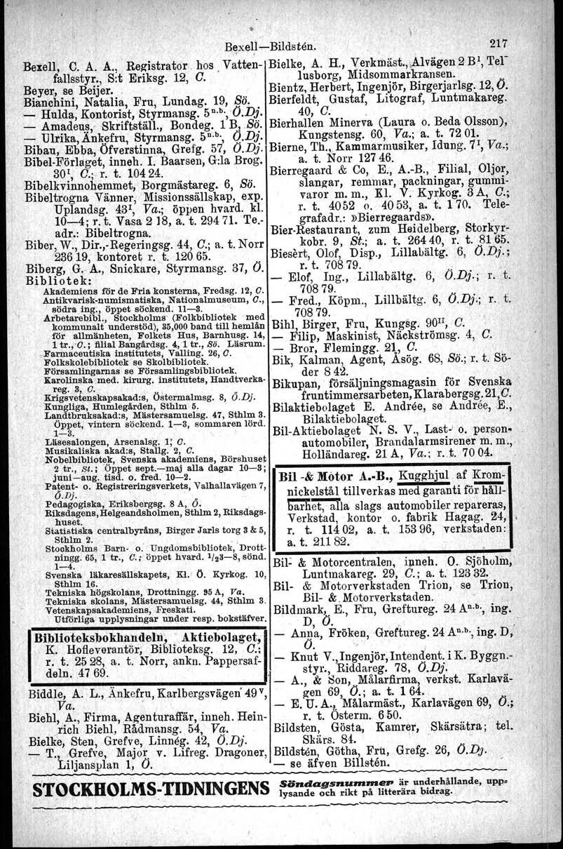 ror, B.exel1Bildsten~ 217 Bexell, C. A.A.. Registrator ohos VattenBielke, A. H., Verkmäst.,lÅlvägen 2 Bl, Telfallsstyr., S:t Eriksg. 12, G.. lusborg, Midsornmarkransen.