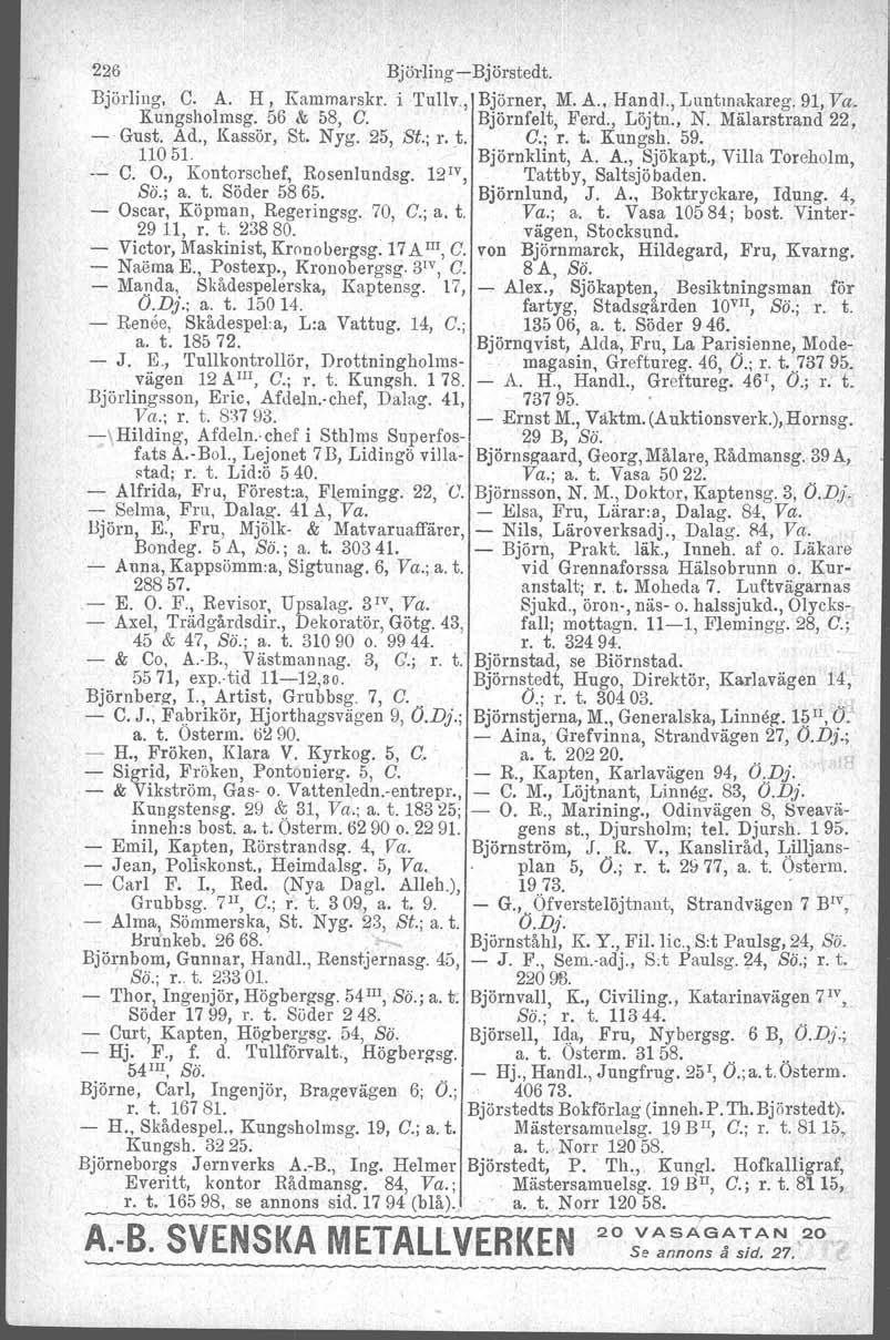 226 Björling Björstedt. Björling, C. A. H, Kammarskr. i TulIv, Björner, M. A., Hand!., Luntmakareg, 91, Va. Kungsholmsg. 56 & 58, C. Björnfelt, Ferd., Löjtn., N. Mälarsbrand 22, Gust. Ad., Kassör, St.