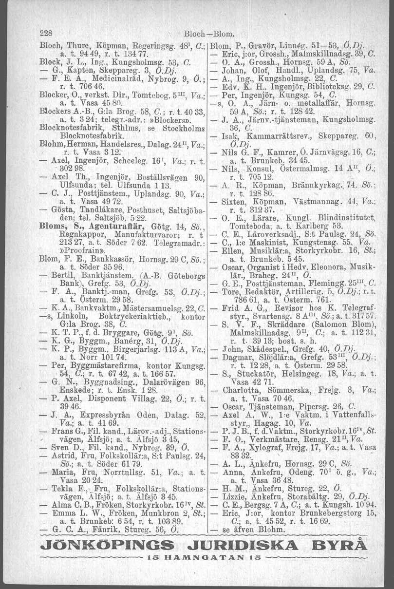 228 Bloch Blom. Bloch, Thure, Köpman, Regeringsg. 481, C.; Blom, P., Gravör, Linneg. 5153, O.Dj. a. t. 9449, r. t. 13477. Eric, j:or, Grossh.jMalmskillnadsg. 39, C. Block, J. L., Ing., Kungsholmsg.