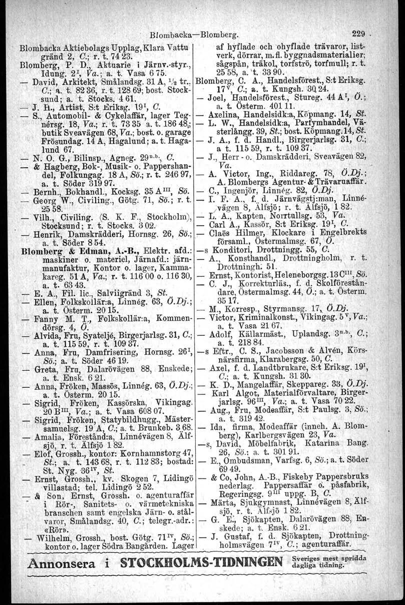 BlombackaBlomberg. 229. Blombacka Aktiebolags Upplag, Klara Vattu af hyflade och 'ohyflade trävaror, list ' gränd 2,,C.;' r. t. 7423. verk, dörrar, m.fl. byggnadsmaterialier; Blomberg,,p, ID;>,.