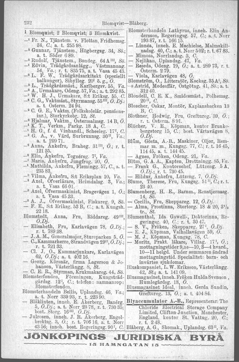 232 BlomqvistBlåberg. l Blomste rhandeln Lathyrus, inneh. Elin An Blomquist; 2 Blomqvist; 3 Blomkvist. R ~.". dersson, egeringsg. 57, C.; a. t. Norr _1 Fr. N., Tjänstem. v. Flottan, Fridhemsg.