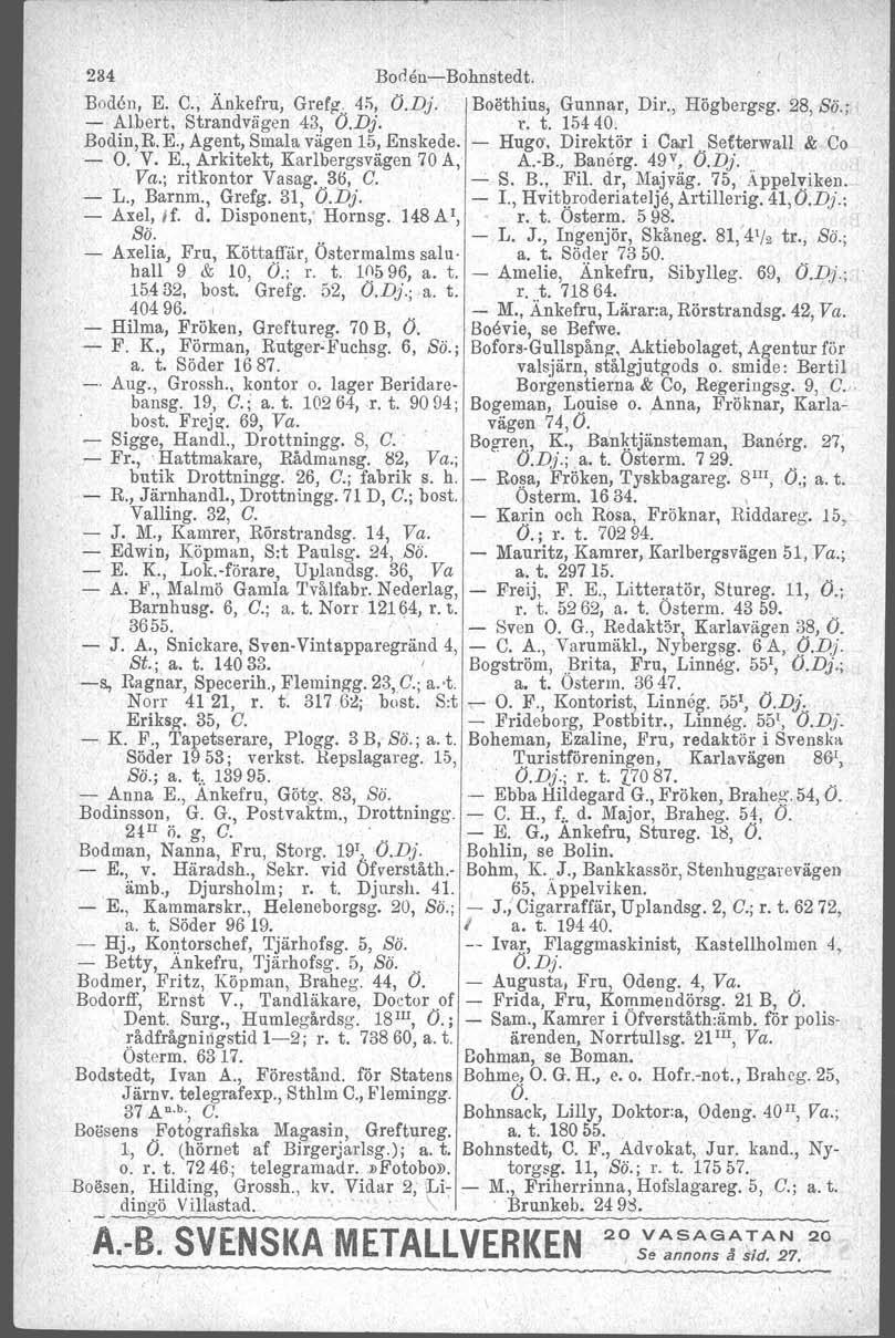 234 BodeueBohnetedt. Boden, E. C., Änkefru, Grefg, 4;;, O.Dj. Boethius, Gunnar, Dir., Högbergsg. 28, Sö.; Alhert, Strandvägen 43, O.Dj. r. t. 15440.. Bodin,R.E., Agent, Smala vägen 15, Enskede.