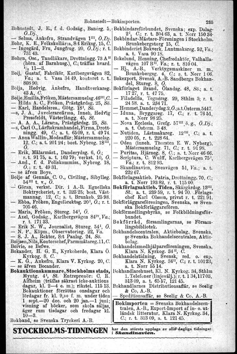 \ ), BohnstedtBokimporten. 235 Bohnstedt, J. K, f. d. Godsäg., Banerg. ~,! Bokbindaref'örbundet, Svenska: expo Dalag O.Dj... ',,! 21, C.; r. t. 30463, a.'t.