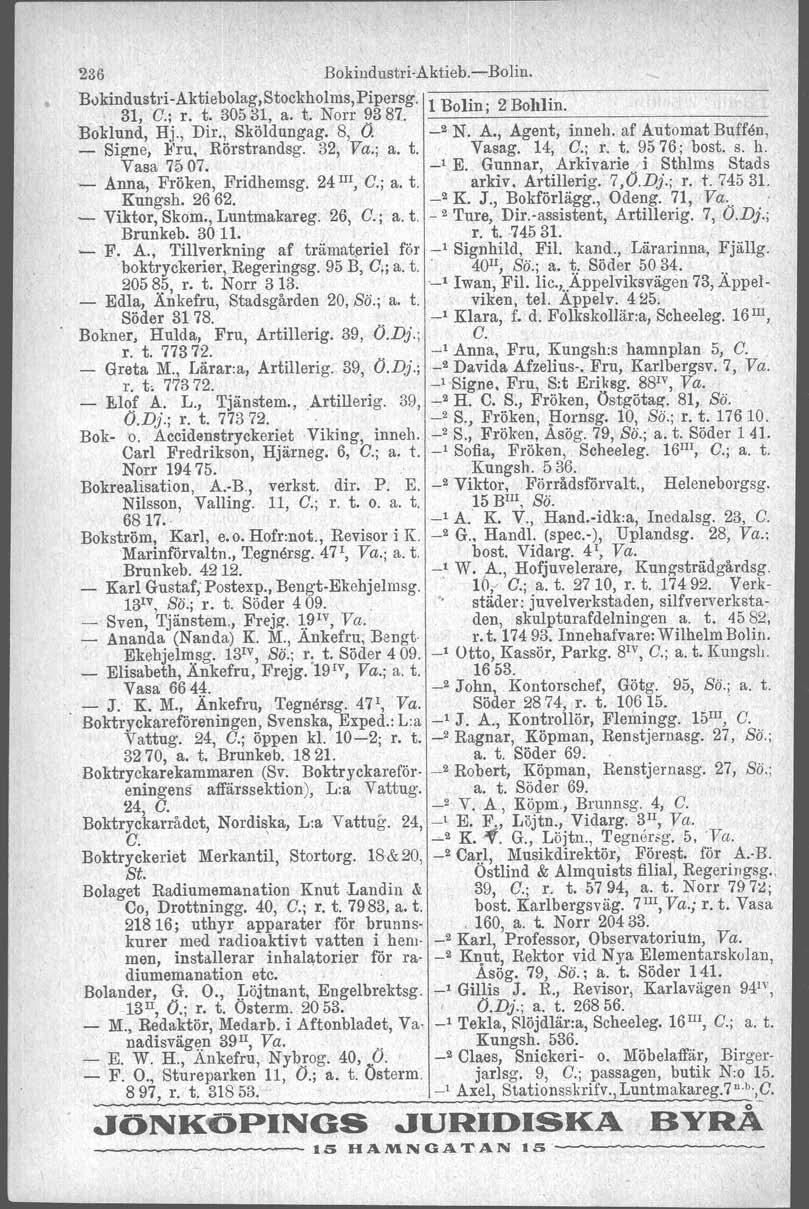 236 BokindustriAktieb.Bolin. BvkindustriAktiebolag,Stockholms,Pipersg. 1 Bolin; 2 Bohlin., 31, C.; r. t. 30531, a. t. Norr 9381. '. Boklund, Hj., Dir., Sköldungag. 8, o. _2 N. A., Agent, inneh.
