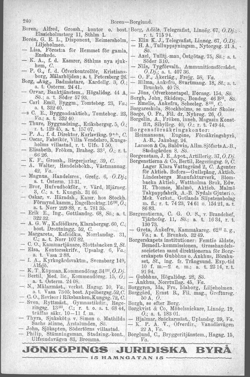 240. BorenBorglund. Boren, Alfred, Grossh., kontor o. bost. Borg, Adele, Telegrafist, Linnlig.67, O.Di; '. Elasieholmstorg 11, Sthlm 1. r. t. 71594.. 'Boren, G. E. L., Disponent, Reimersholm, Elin K.