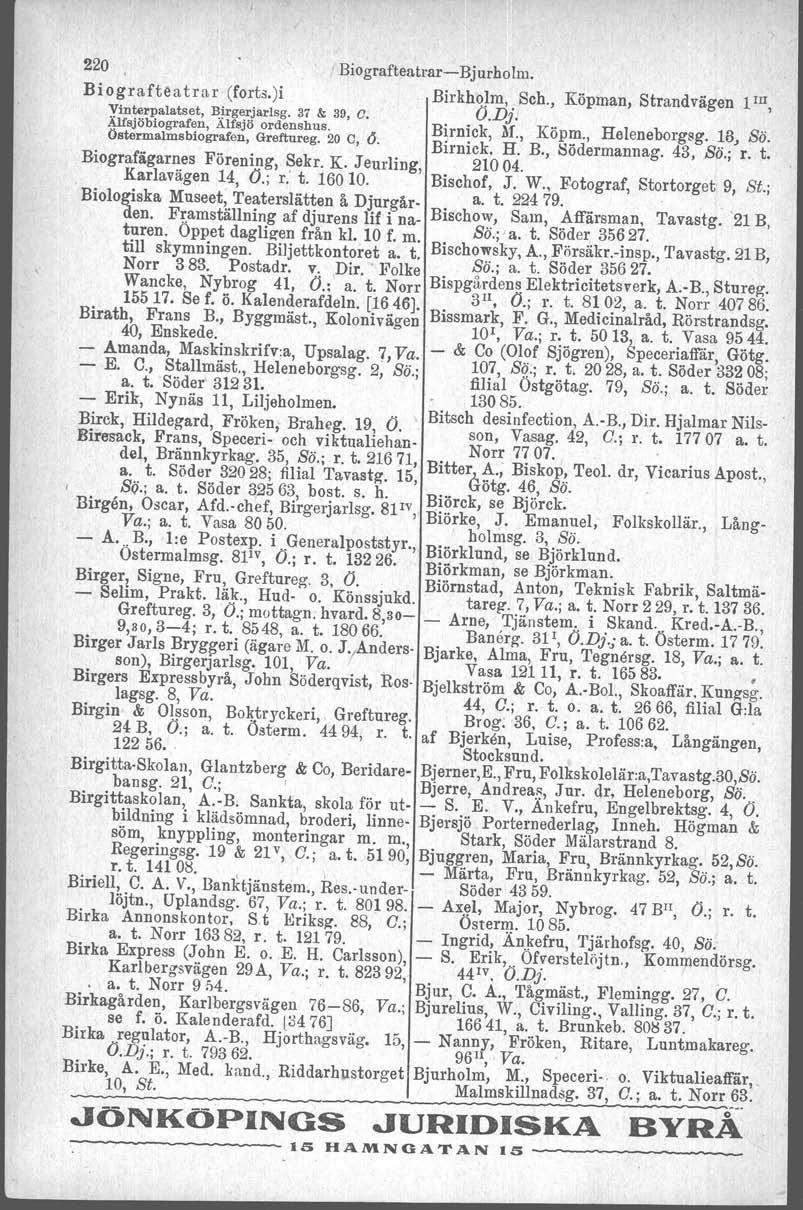 220 BiografteatrarBjurholm. Biograf teatrar (forts.)] Birkholm, Sch., Köpman, Strandvägen pil, Vinterpalatset, Birgerjarlsg. 37 & 39, O. O.Dj. Älfsjöbiografen, Älfsjö ordenshus.