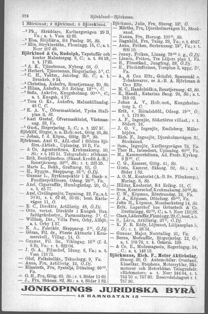 224 BjörklundBjörkman. 1 Biörklund; ~ Björklund' '""''. D Björckiund Björkman, Märtha, Julie, Fru, Stureg. 52', O. Fru, Djursholmsvägen 31, Stock _2 Ph., Skräddare, Karlbergsvägen 29 B, sund.. Va.; a.