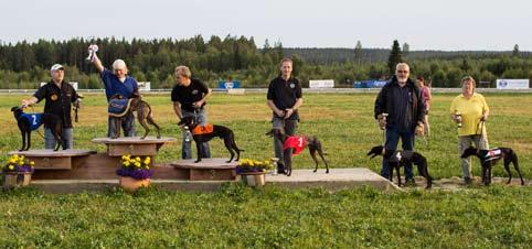 SM Whippet Öppen klass. Fr.v. tvåa Xanté, 33.62. Jan-Erik Lundqvist, SHS, etta BJ-Mahitis, 33.43, Jyrki Ruotsalainen, SkeHK (Finland), trea Red Bull, 33.87, M Berglund, 7HS, fyra DJ Vargtass, 34.