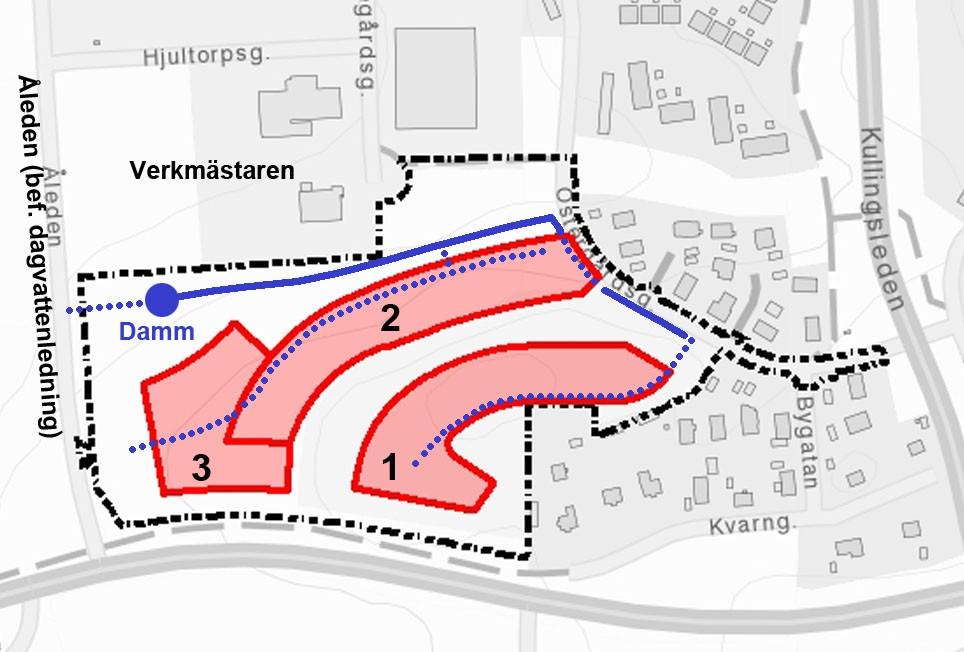 Teknisk försörjning Vatten och avlopp Tillkommande byggnader avses anslutas till kommunalt VA. Villatomterna på kullen (delområde 1) föreslås anslutas till befintliga ledningar på Hjorten 4.