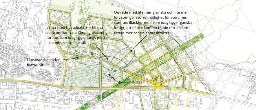 21 De blå områdena är stråk som har identifierats som lämpliga platser att placera flyttade byggnader till i nya Kiruna centrum.