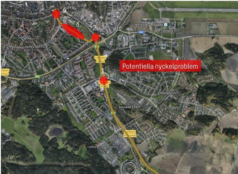 13 (31) - Stråk 2 - E22, Navestad Stortorget, problempunkterna för stråk 2 är delvis de samma som för stråk 1, kollektivtrafiken saknar prioritet in mot staden och hastigheten längs Dagsbergsvägen är