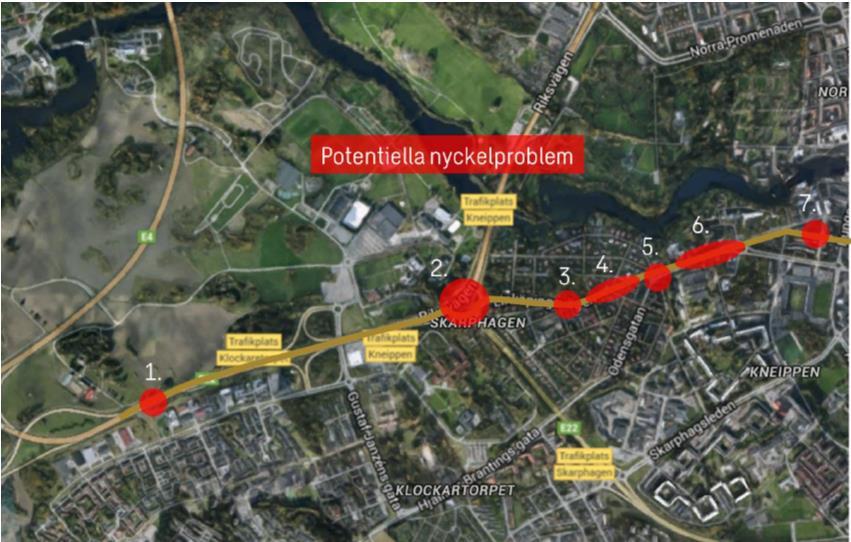 15 (31) - Stråk 4 Skälvs gård Vägträffen, problempunkterna för denna sträcka består i svårigheter att korsa körfält på grund av höga trafikflöden samt att det är flera avsmalningar, passager och in-