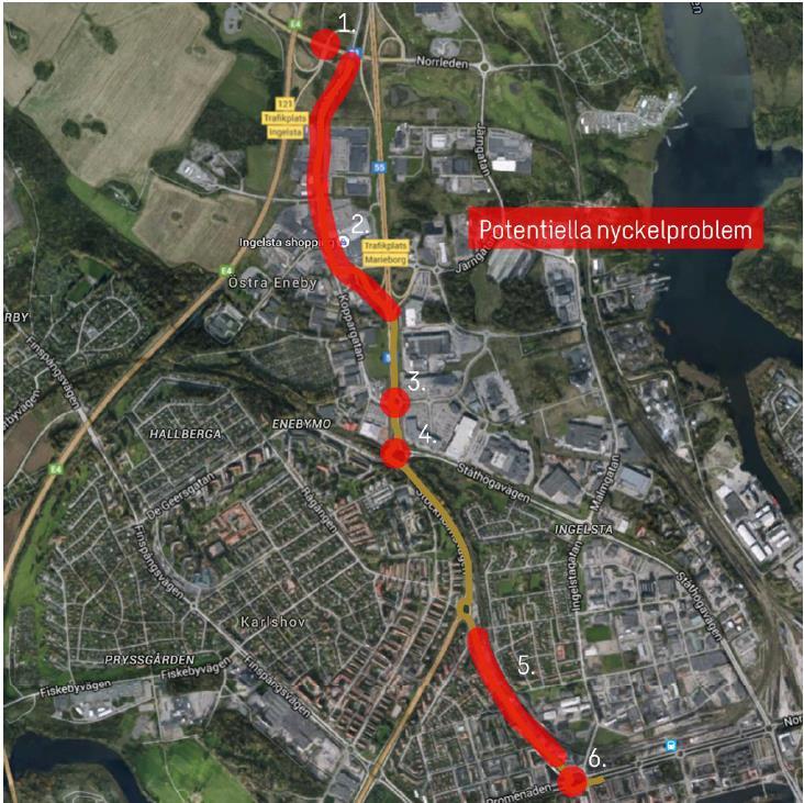 17 (31) - Stråk 6 Koppargatan Norr tull, inom stråket finns problem med låg framkomlighet för kollektivtrafiken då den hamnar i kö på grund av annan trafik, det är delvis ett smalt gaturum med många